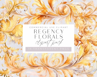 Regency Florals, Watercolor Clipart Pack, Gold Flourish Swirls, Clip art for commercial use, Transparent PNGs, Border, Wedding Invitations