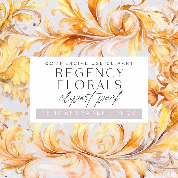 Regency Florals, Watercolor Clipart Pack, Gold Flourish Swirls, Clip art for commercial use, Transparent PNGs, Border, Wedding Invitations