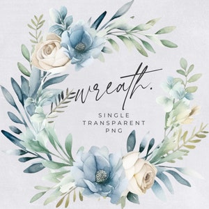 Watercolor Winter Wreath Clipart, SINGLE IMAGE, Blue Floral Watercolor, Half Wreaths, Wedding Invitation, transparent png, Commercial Use
