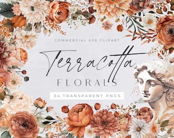 Terracotta Floral Clipart Pack, Autumn Clipart for commercial use, Orange & Brown Neutral Floral, Transparent PNGs, Wedding Botanical