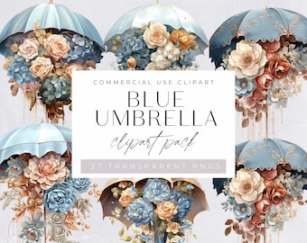 Clipart akwarelowy parasol, niebieski modny parasol, baby shower, kwiatowy akwarelowy parasol Clipart do użytku komercyjnego, PNG