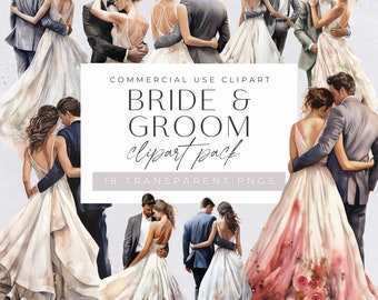 Bride & Groom Back Clipart, Wedding Day Couple Watercolor Clipart, Just Married Image, Marriage Illustrations, Timeline Pngs Commercial Use