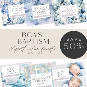 Bundle de cliparts baptême, aquarelle pour bébé garçon, ballons bleus, gâteaux de baptême et décoration, célébration religieuse, baby shower PNG transparent