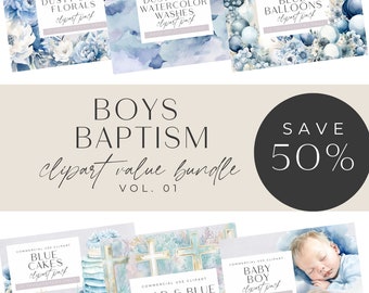 Baptism Clipart Bundle, Baby Boy Watercolor, Blue Balloons, Christening Cakes and Decor, Religious Celebration, Baby Shower  Transparent PNG