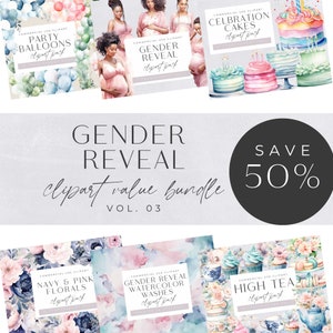 Paquete de imágenes prediseñadas de revelación de género, baby shower de niño y niña, globos azules, rosados y verdes, pastel de fiesta de acuarela, mujeres embarazadas, futura mamá, embarazo