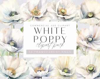 White Poppy Clipart Pack, Watercolor Poppies, Summer Floral Bouquet for commercial use, Transparent PNGs, Wildflower Clip Art
