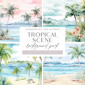 Aquarel tropisch eiland clipart, jpeg, zandstrand achtergrond palmbomen scène, droomreis graphics, zomervakantie digitale papers,