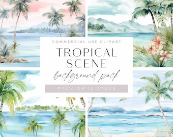 Watercolor Tropical Island Clipart, JPEG, Sandy Beach Background Palm Trees Scene, Dream Travel Graphics, Summer Vacation Digital Papers,