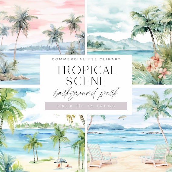 Watercolor Tropical Island Clipart, JPEG, Sandy Beach Background Palm Trees Scene, Dream Travel Graphics, Summer Vacation Digital Papers,