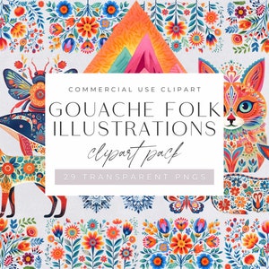 Gouache folk illustraties clipart, felgekleurde rustieke dieren clipart, boho-illustraties, voor commercieel gebruik, transparante png-bestanden,