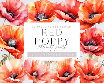 Red Poppy Clipart Pack, Watercolor Poppies, Summer Floral Bouquet for commercial use, Transparent PNGs, Wildflower Clip Art