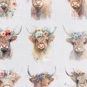 Boho Highland Cow Clipart Watercolor, Cute Cow With Flowers Clip Art ...