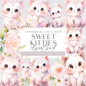 Kawaii Kitty clipart, aquarel kitten, baby kittens illustraties, schattige katten, commercieel gebruik, transparante png's, schattige poesjes, huisdieren
