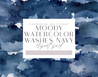 Navy Watercolor Washes Clipart, Dark and Moody Navy Blue Texture Backgrounds for commercial use, Transparent PNGs, Digital Download