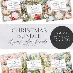 Mega pacote de clipart de Natal, enfeites rosa, enfeites azuis, gráficos de árvore de Natal escandinavos, buquês de flores de inverno, ilustração de guirlanda floral,