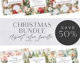 May include: A Christmas clipart bundle with a 50% discount. The bundle includes wreaths, florals, ornaments, and Christmas trees. The clipart is watercolor style and features a variety of colors, including red, green, gold, and blue.
