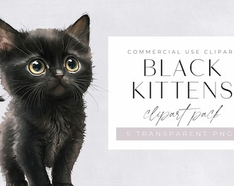 Pacote de clipart de gatinho preto, clipart para uso comercial, PNGs transparentes, clipart de berçário, gatinhos adoráveis