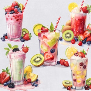 a painting of fruit drinks with strawberries, kiwis, lemons,