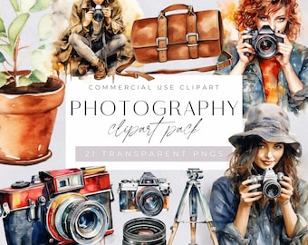 May include: A watercolor clipart pack featuring photography themed illustrations. The pack includes a camera, a tripod, a lens, a camera bag, and three women holding cameras. The text "PHOTOGRAPHY clipart pack 21 TRANSPARENT PNGS" is included in the image.