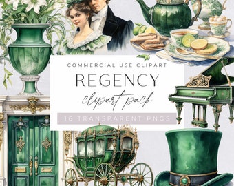 Regency Era Clipart, Green Watercolour Vintage Romance Clipart Bundle, Scrapbooking Ephemera, Victorian Figures Png, Commercial Use
