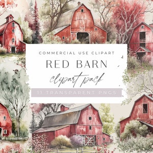 Grange de cliparts aquarelle, pack de cliparts grange rouge, ferme, maison de fermier, vieille grange, vie à la ferme, campagne, png transparents, usage commercial