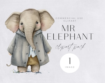 Olifant babyshower clipart, kinderkamer clipart | ENKELE AFBEELDING | Commerciële licentie, grijze aquarel olifant in blauwe jas, dierlijke illustraties