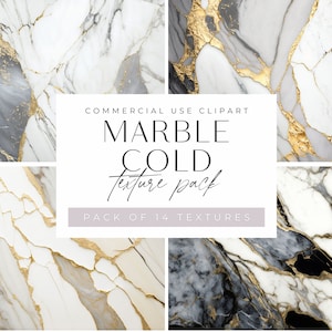 Op de afbeelding: Een digitaal downloadpakket met 14 hoge resolutie marmertexturen in koele tinten met gouden en zwarte accenten. De texturen zijn perfect voor het maken van achtergronden, patronen en ontwerpen.