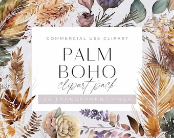 Boho Palm clipart, Boho transparent PNG , Watercolor tropical palm fronds, bohemian elements, commercial use