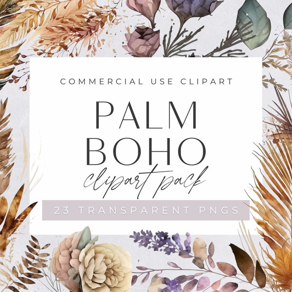 Boho Palm clipart, Boho transparent PNG , Watercolor tropical palm fronds, bohemian elements, commercial use