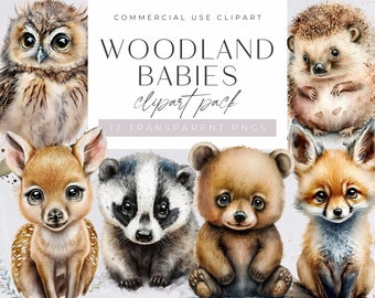 Watercolor Baby Woodland Animals Clipart Pack, Clipart for commercial use, Transparent PNGs, Nursery Clipart, Fox, Bear, Deer, Hedgehog