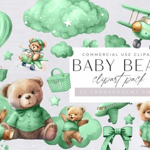 Watercolor Teddy Bear Clip Art Clipart Pack, Baby Shower for a boy, Clipart for commercial use, Transparent PNGs, Green Aeroplane Balloons