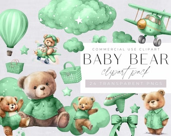 Watercolor Teddy Bear Clip Art Clipart Pack, Baby Shower for a boy, Clipart for commercial use, Transparent PNGs, Green Aeroplane Balloons