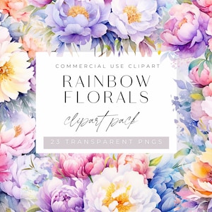 Clipart floral arco-íris, buquê de flores de primavera colorido e brilhante, clipart aquarela para uso comercial, PNGs transparentes, convites de casamento