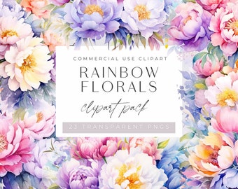 Rainbow Floral Clipart, Colorful and Bright Spring flower Bouquet, Watercolor Clip art for commercial use, Transparent PNGs, Wedding invites