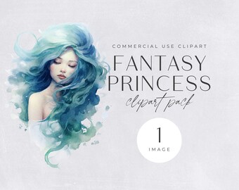 Fantasy Princess Clipart | SINGLE IMAGE | Commercial License, Magical Watercolor, Girl with Blue Hair, Fairy Tale Clip Art, Nursery Decor