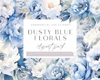 Dusty Blue Floral Clipart, Light Blue flower Bouquet, Watercolor Clip art for commercial use, Transparent PNGs, Wedding, Boy Baby Shower