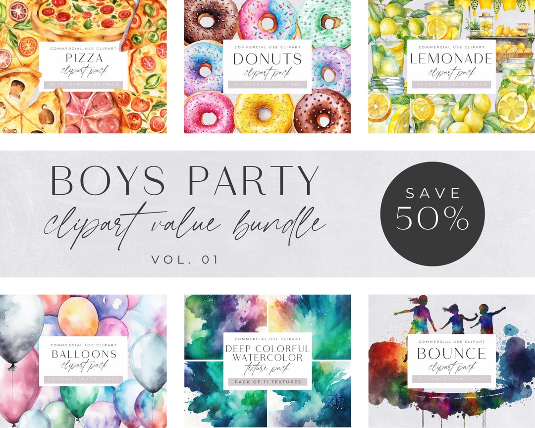 Birthday Clipart Water Color, Boys Party Bundle, Watercolor, Invitation ...