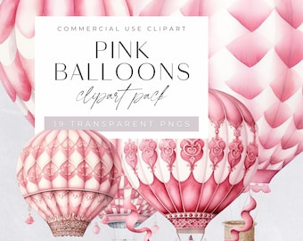 Clipart de globo aerostático, acuarela rosa, decoración de pared de guardería, clip art de baby shower, clipart de viaje, es una niña, licencia comercial