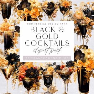 Clipart di cocktail di Natale, cocktail misti, cocktail d'autore acquerellati, uso commerciale, bevande alcoliche nere e dorate, analcoliche