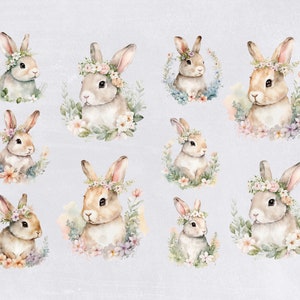 May include: Ten watercolor illustrations of bunnies wearing flower crowns. Each bunny is surrounded by flowers and greenery. The bunnies are all different colors and have different expressions.