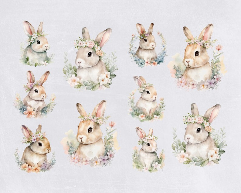 May include: Ten watercolor illustrations of bunnies wearing flower crowns. Each bunny is surrounded by flowers and greenery. The bunnies are all different colors and have different expressions.