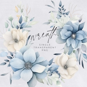 Watercolor Winter Wreath Clipart, SINGLE IMAGE, Blue Floral Watercolor, Half Wreaths, Wedding Invitation, transparent png, Commercial Use