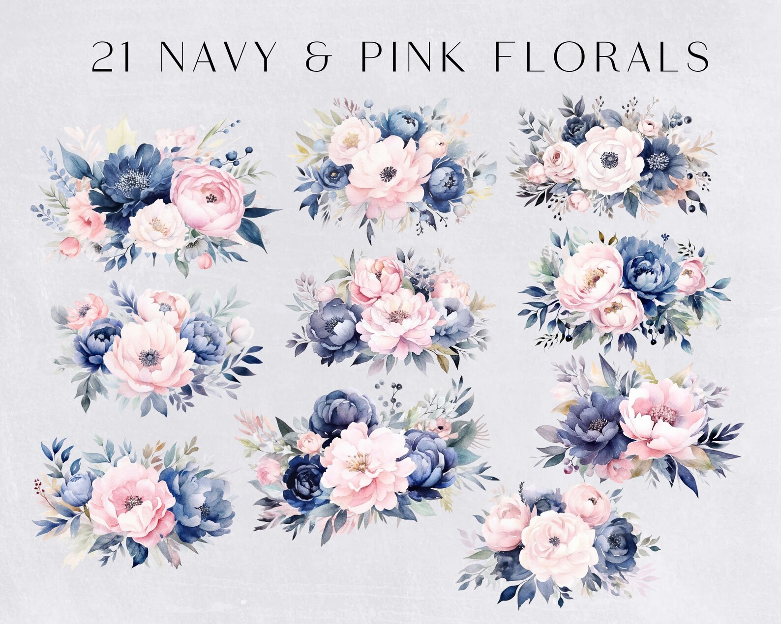 Navy and Pink Floral Watercolor Clipart Pack, Navy and Blush Flower ...