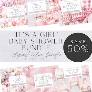 Its a Girl Clipart Bundle, Pink Baby Shower Clip Art, Newborn Graphics, Nursery Decor,  Baptism Christening Clipart, Gender Reveal Clipart