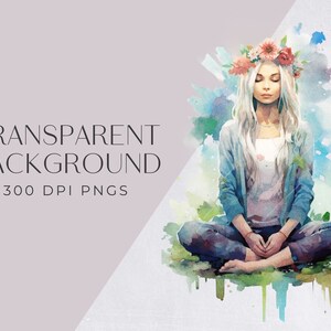 Meditation Clipart , Yoga Pose and Mindfulness, Watercolor Women Meditating, for commercial use, Transparent PNGs, Bohemian Meditator, image 2