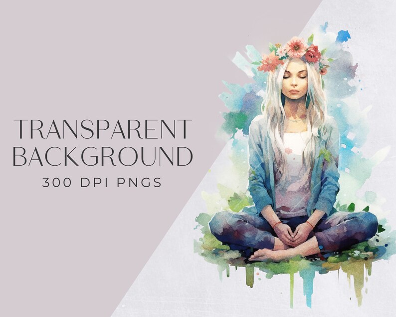 Meditation Clipart , Yoga Pose and Mindfulness, Watercolor Women Meditating, for commercial use, Transparent PNGs, Bohemian Meditator, image 2