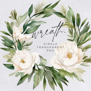 Magnolia Wreath Clipart, SINGLE IMAGE, Floral Watercolor Half Wreaths, White Flowers, Wedding Invitation, transparent png, Commercial Use