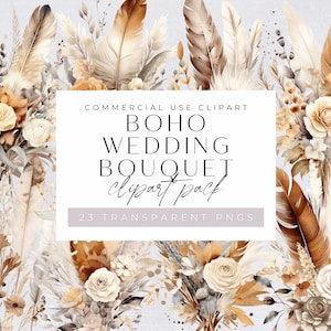 Pack de cliparts bouquet de mariage bohème, aquarelle de fleurs, bouquet floral neutre, usage commercial, faire-part, PNG transparents, fleurs séchées