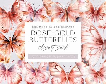 Rose Gold butterflies Clipart Pack, transparent png clipart, Pink Watercolor Butterfly Clipart, Illustrations, Graphics, Commercial use