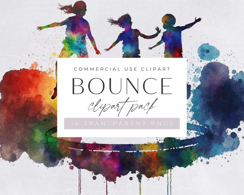 Clipart acquerello trampolino, invito rimbalzante, invito di compleanno salta uso commerciale, PNG trasparenti, clip art arcobaleno luminoso e colorato immagine 1